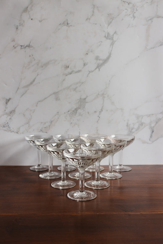 set of 10 antique french blown glass champagne coupes