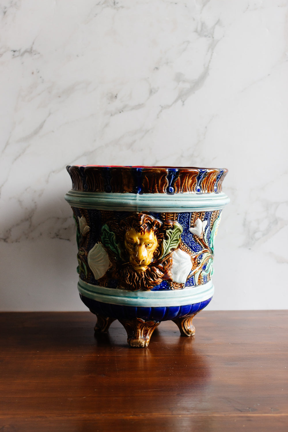 19th century majolica ceramic footed cachepot attributed to Wasmuël