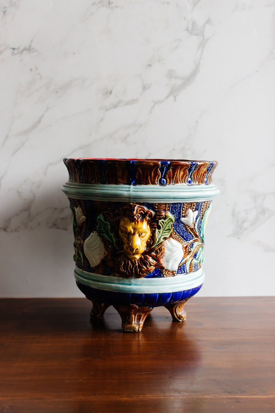 19th century majolica ceramic footed cachepot attributed to Wasmuël