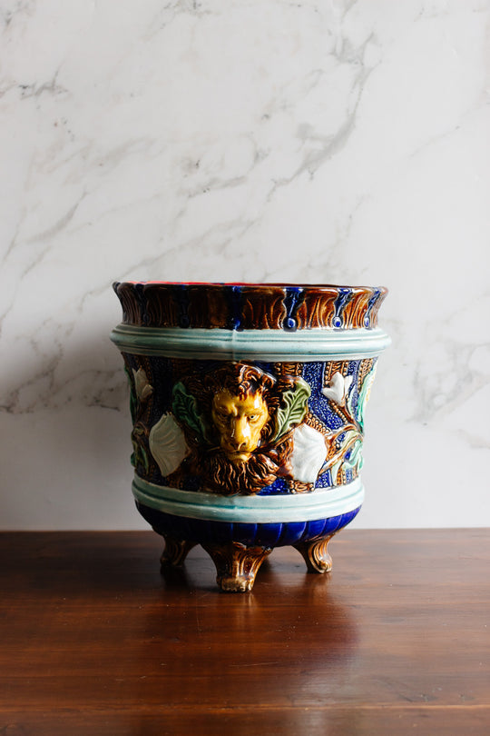 19th century majolica ceramic footed cachepot attributed to Wasmuël