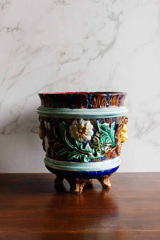 19th century majolica ceramic footed cachepot attributed to Wasmuël