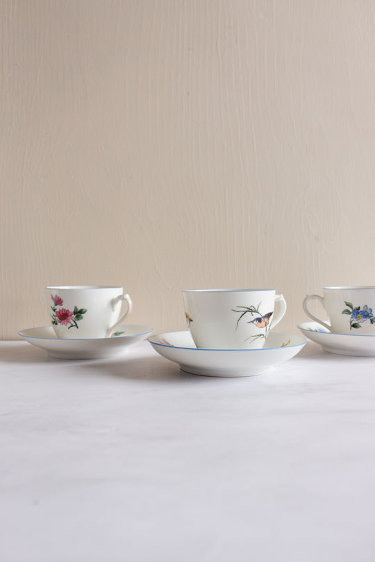 rare 1880s limoges hand painted flora and fauna teacups, set of 5