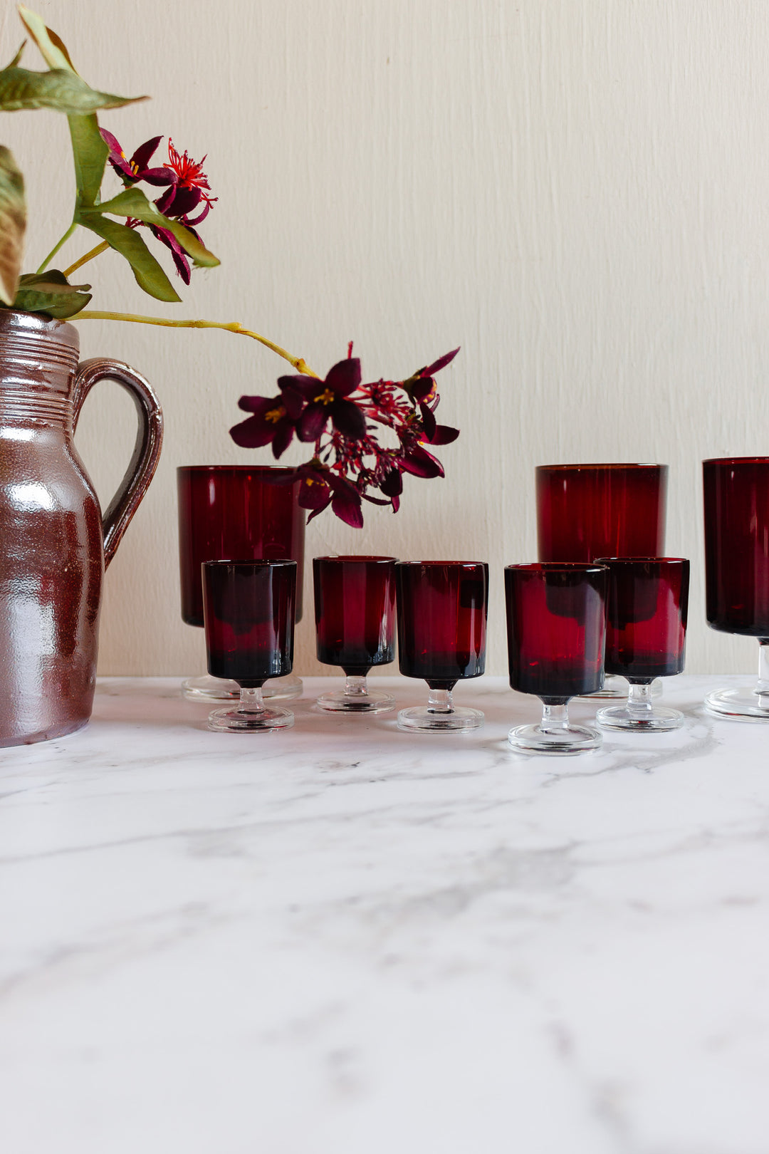 vintage french luminarc red aperitif glasses, set of 5