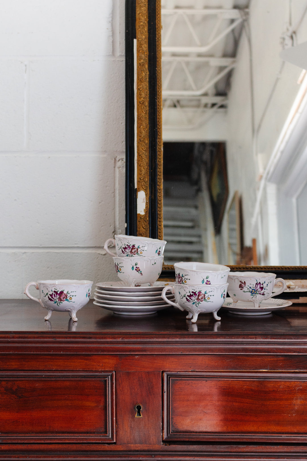 rare 1920s french St Clement pottery footed floral teacups and saucers, set of 6