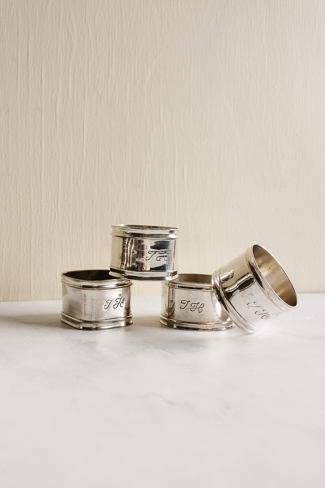 set of 4 antique french monogrammed silver plate napkin rings