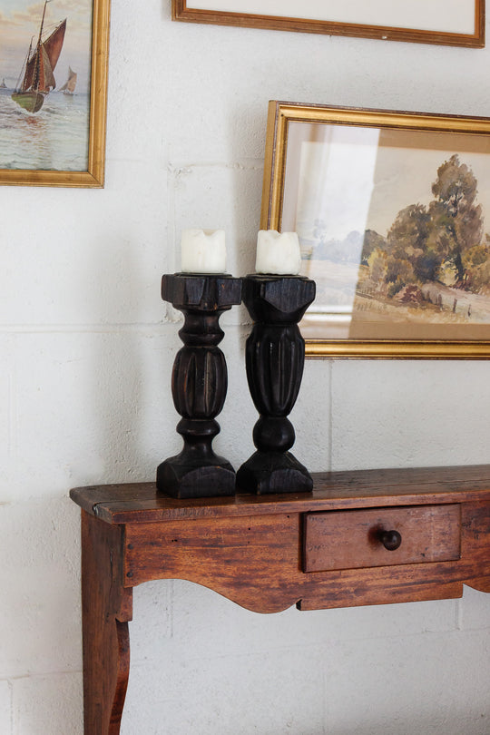 pair of antique French wood baluster pricket candle holders