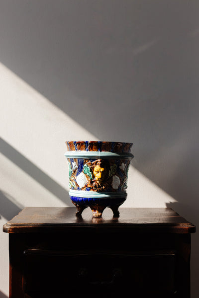 19th century majolica ceramic footed cachepot attributed to Wasmuël