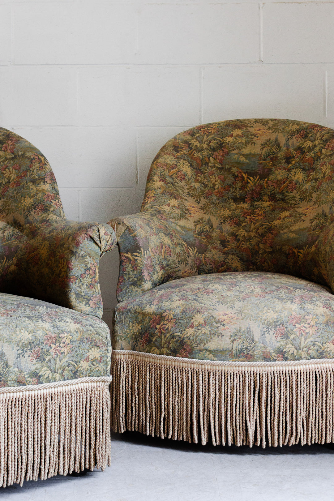 pair of antique french jacquard crapaud chairs