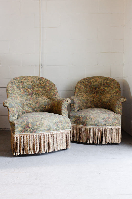 pair of antique french jacquard crapaud chairs