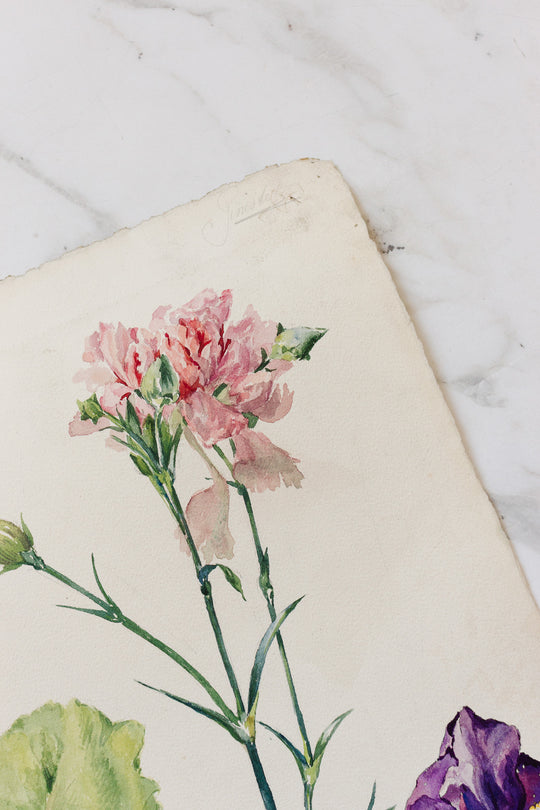pair of 1920s french floral watercolour studies on paper
