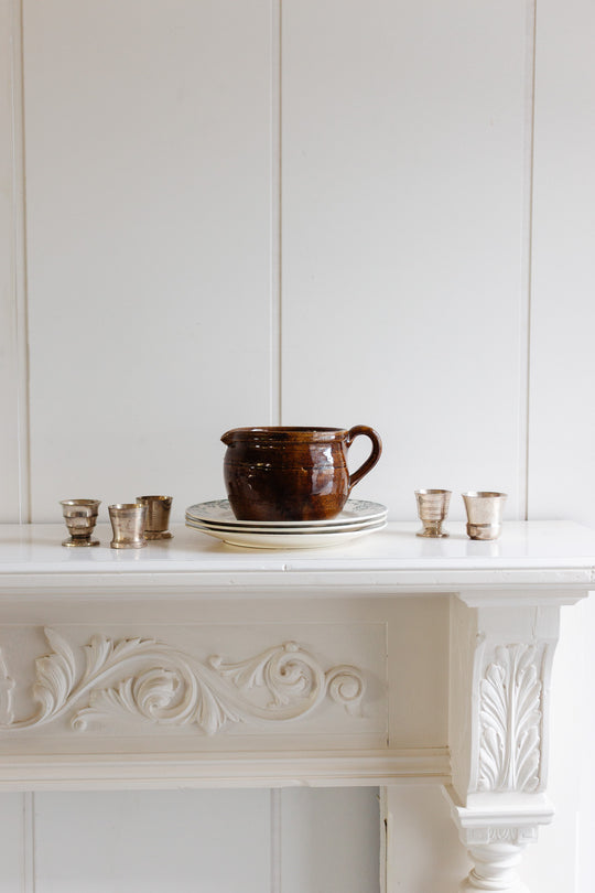 vintage french chestnut brown stoneware handled pot