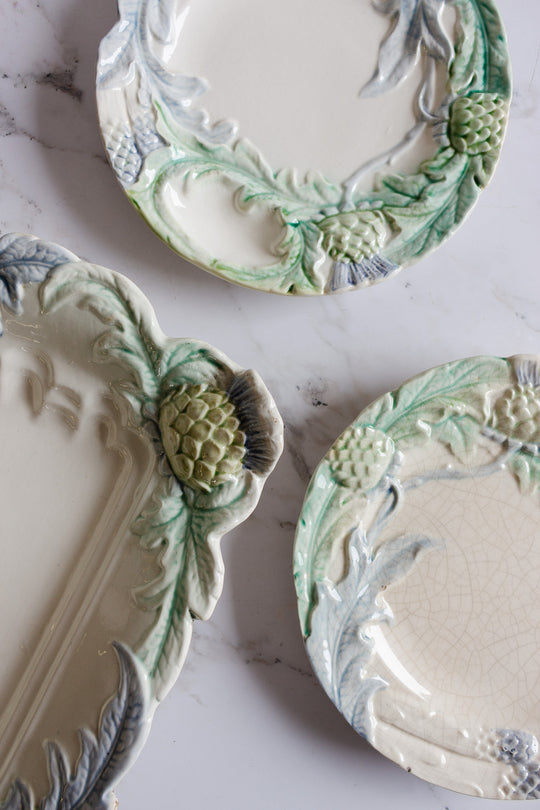 set of antique french majolica asparagus dishes