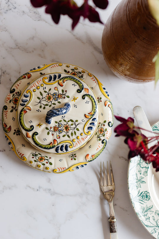 antique french hand painted "mont st. michel" butter dish,