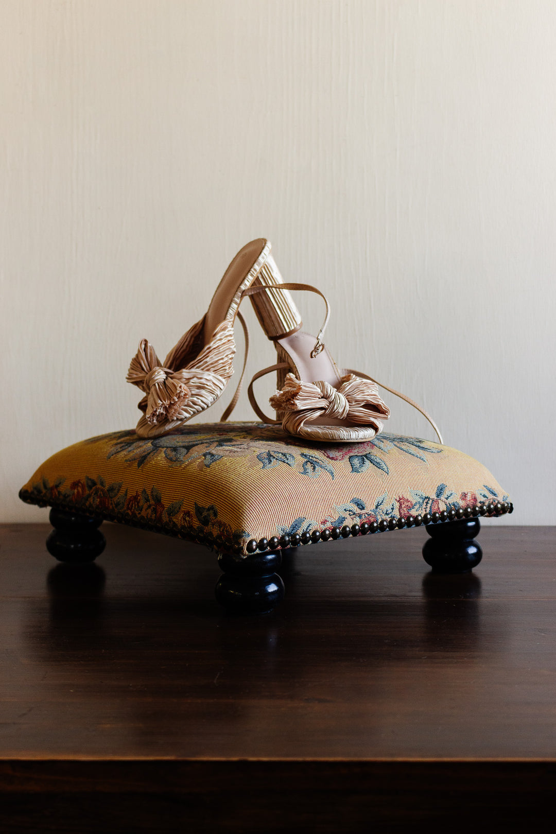 vintage french upholstered stool with turned wood legs