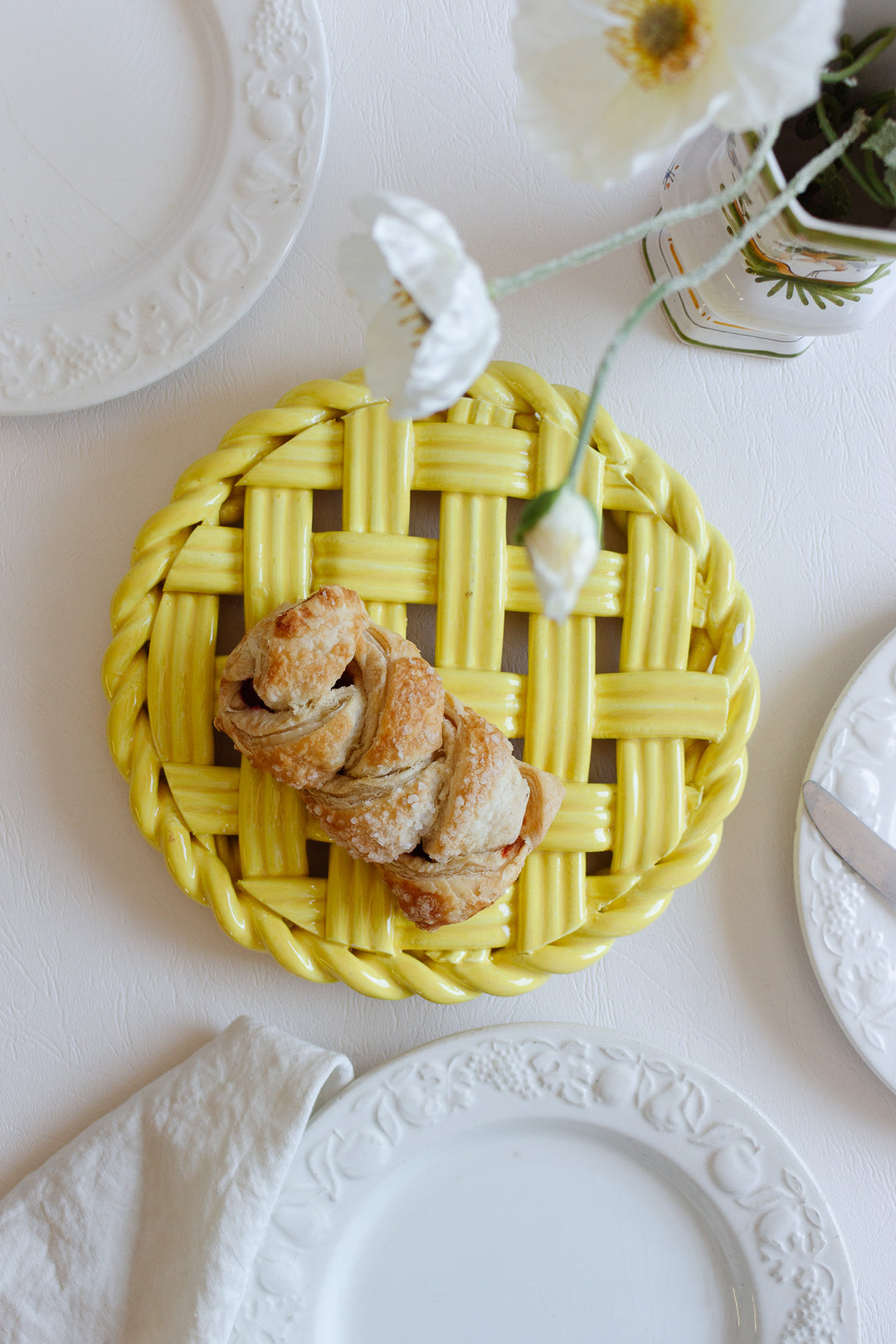 vintage french yellow basket weave trivet