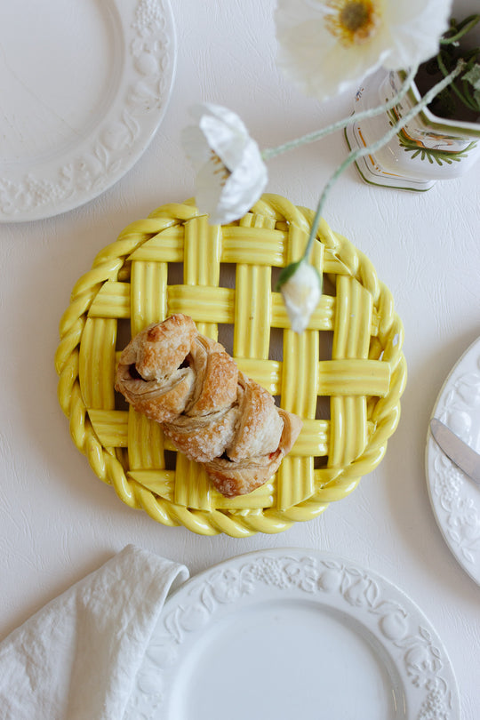 vintage french yellow basket weave trivet