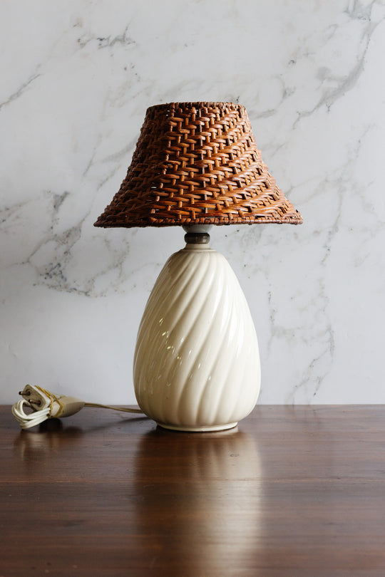 vintage french ceramic table lamp with rattan shade