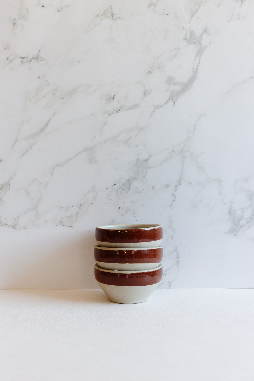 set of 3 vintage french glazed rim striped bowls, chestnut