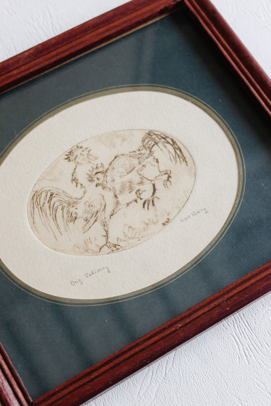 fighting roosters original german etching