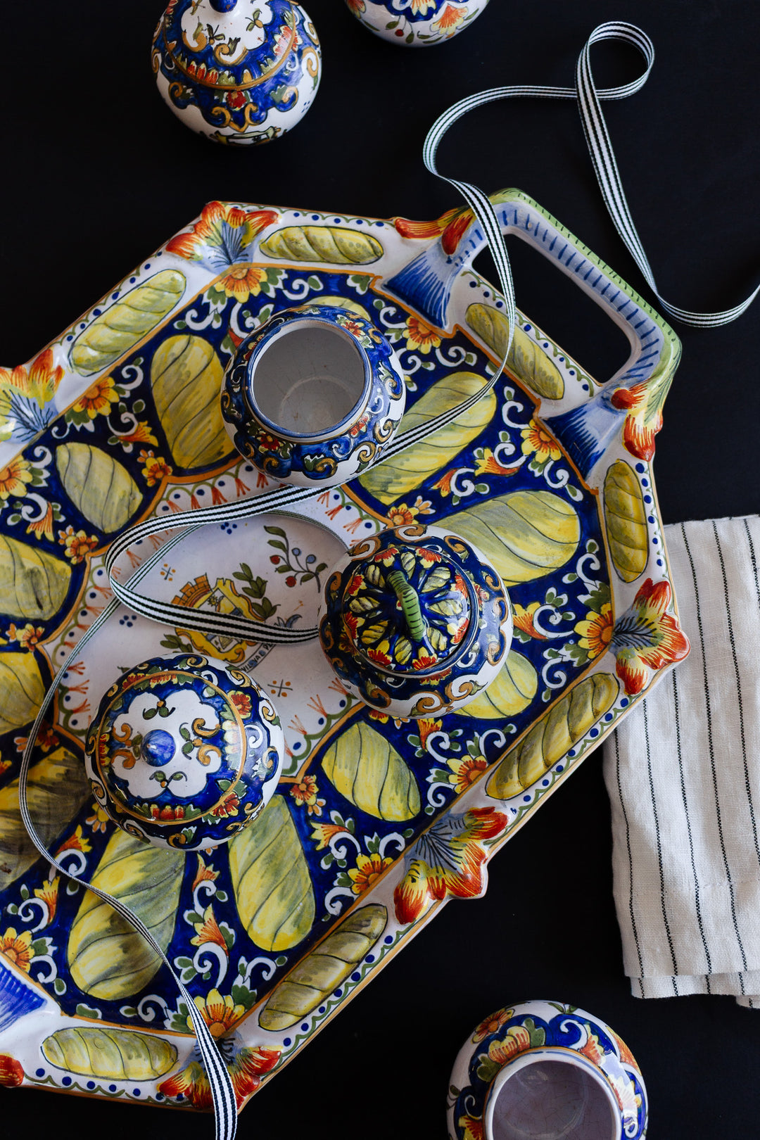 1890s henri delcourt faïence condiment service on tray