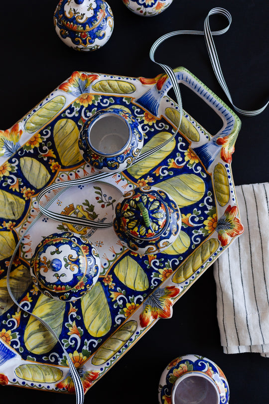 1890s henri delcourt faïence condiment service on tray