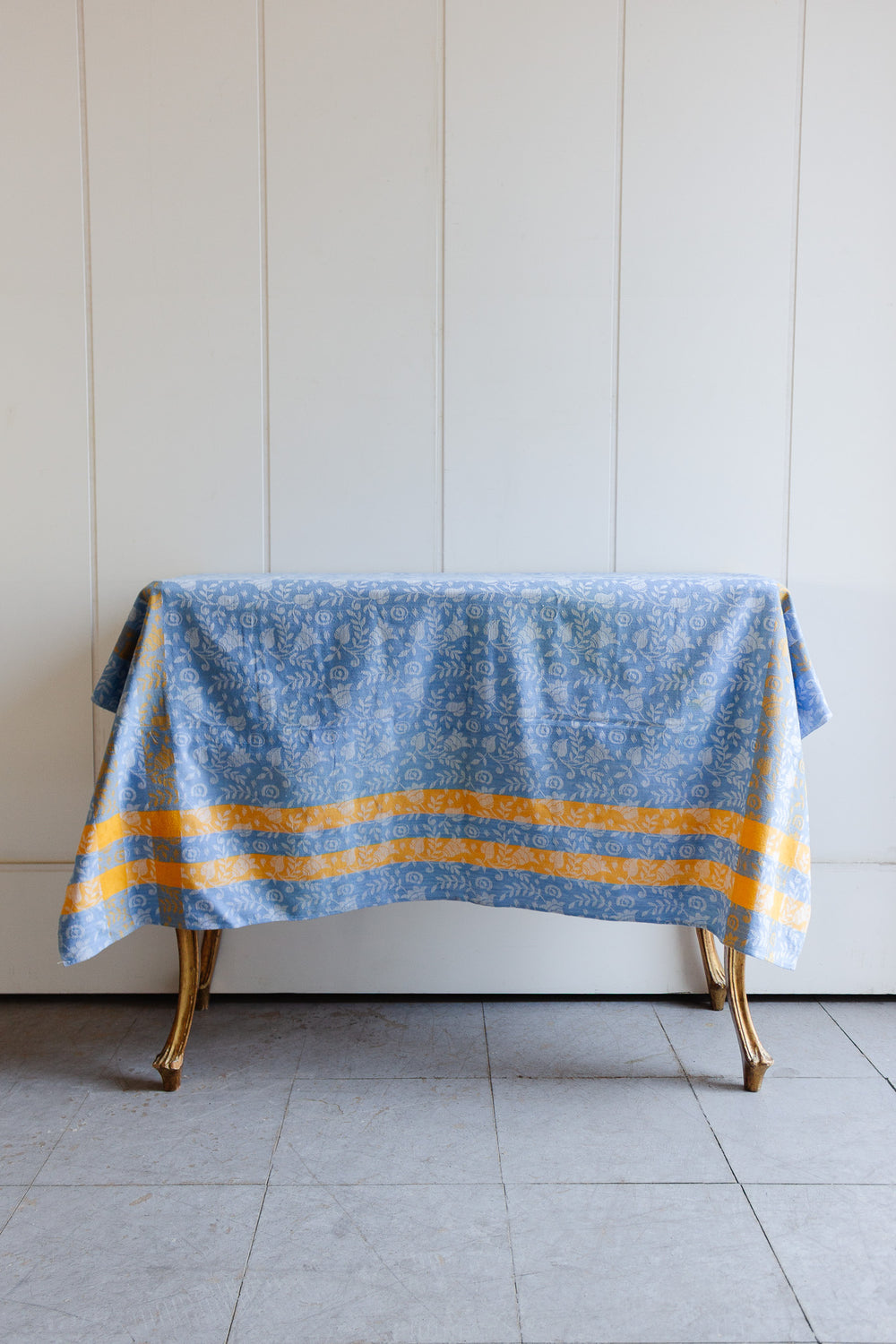vintage french damask blue and yellow tablecloth
