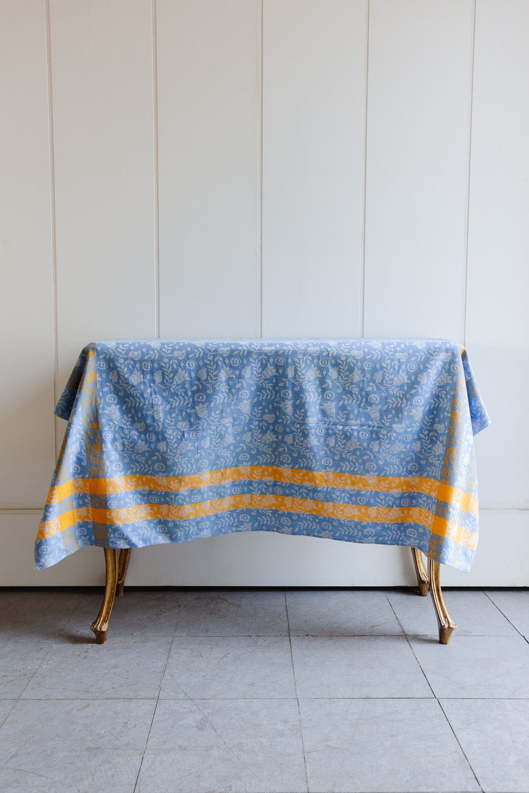 vintage french damask blue and yellow tablecloth