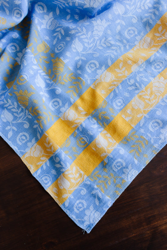 vintage french damask blue and yellow tablecloth
