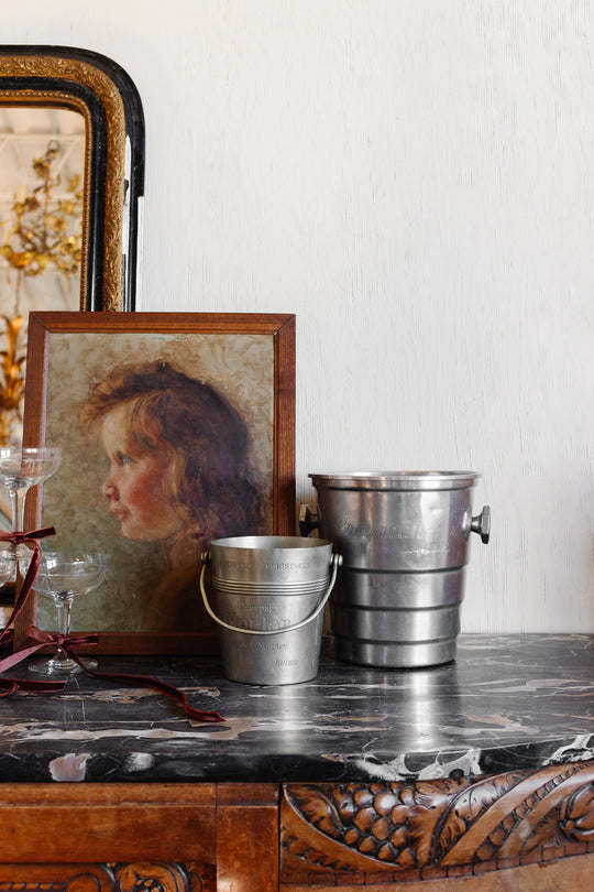 rare vintage French aluminum engraved hotel champagne bucket, “Greyman”