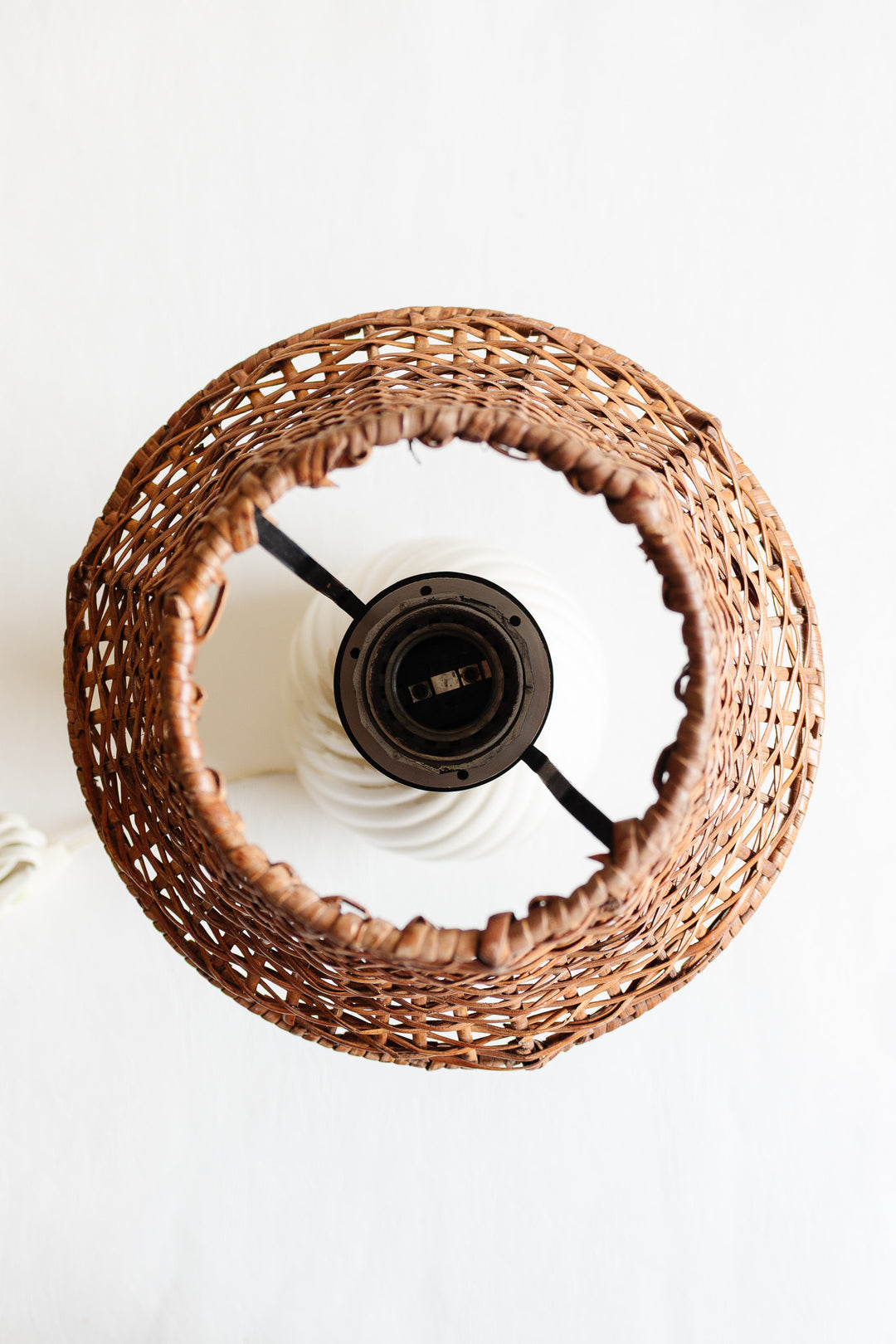 vintage french ceramic table lamp with rattan shade