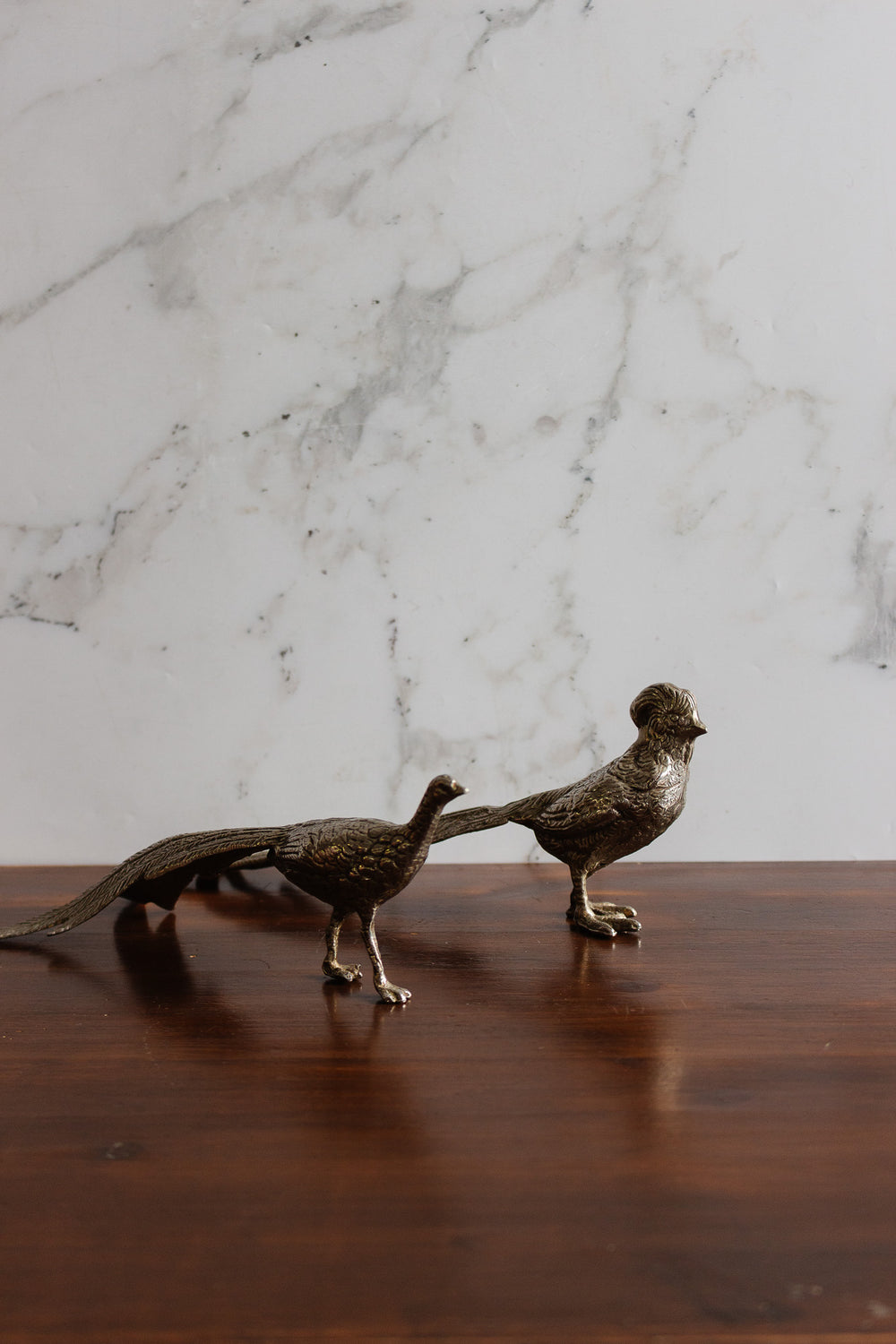 antique french pair of petite metal pheasants