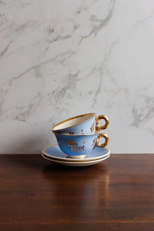 vintage french digoin sarreguemines "moi et toi" teacup and saucer set in robin's egg blue