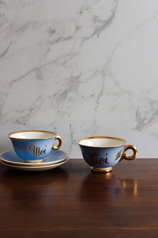 vintage french digoin sarreguemines "moi et toi" teacup and saucer set in robin's egg blue