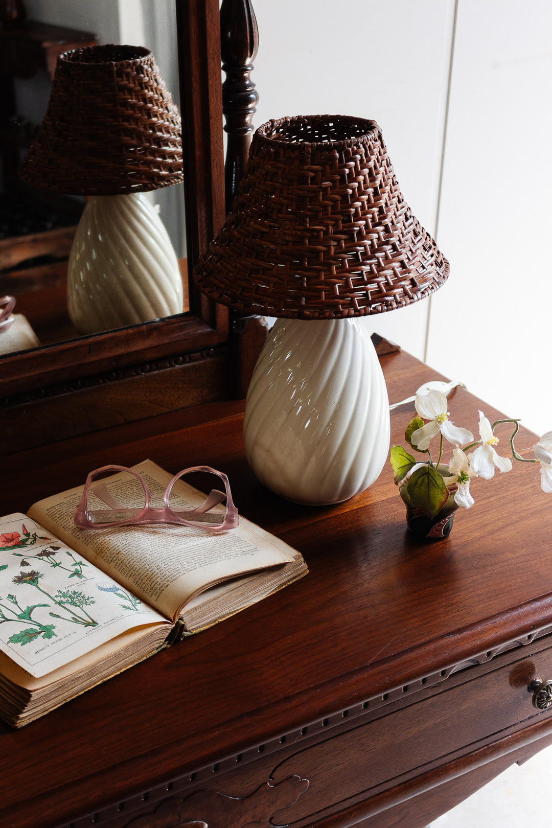 vintage french ceramic table lamp with rattan shade