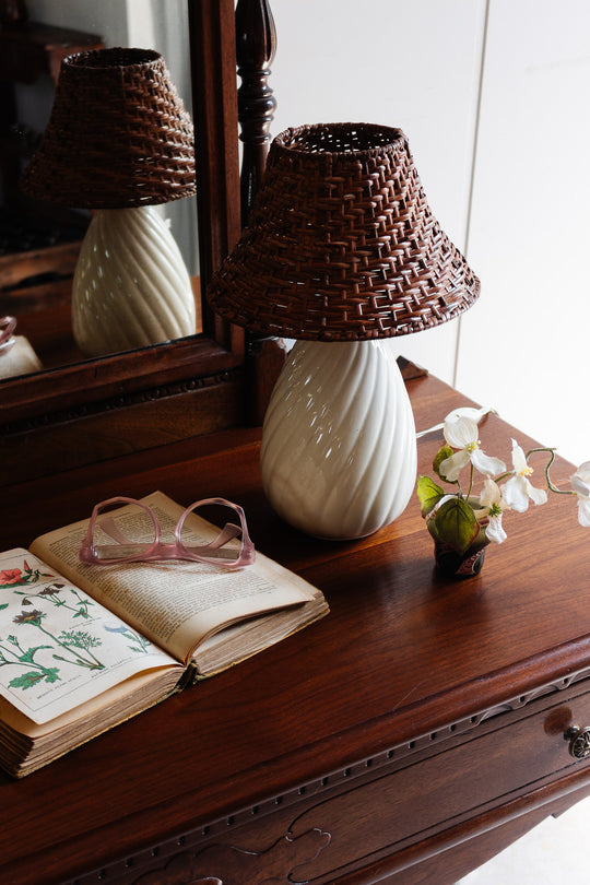 vintage french ceramic table lamp with rattan shade