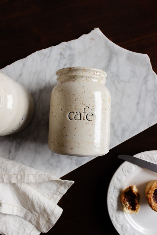 midcentury french stoneware kitchen canister pair "café et sucre"