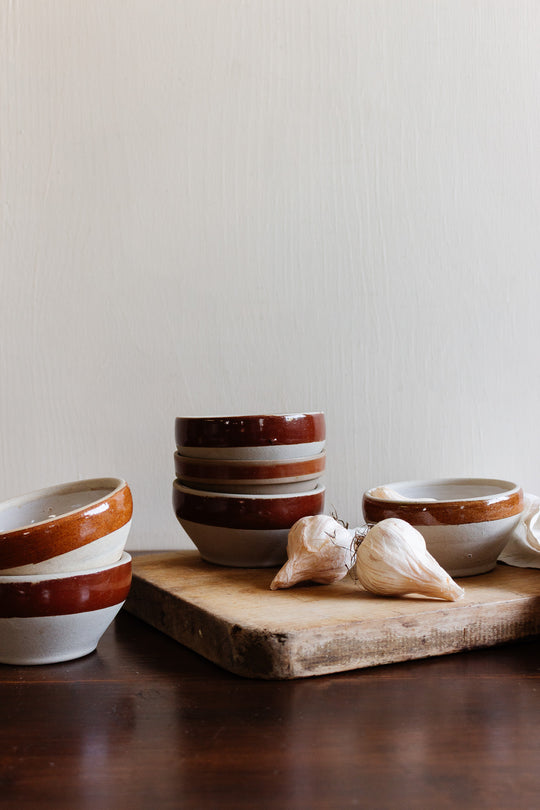 set of 3 vintage french glazed rim striped bowls, chestnut