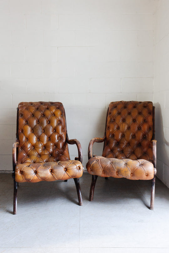 vintage English tufted leather armchair
