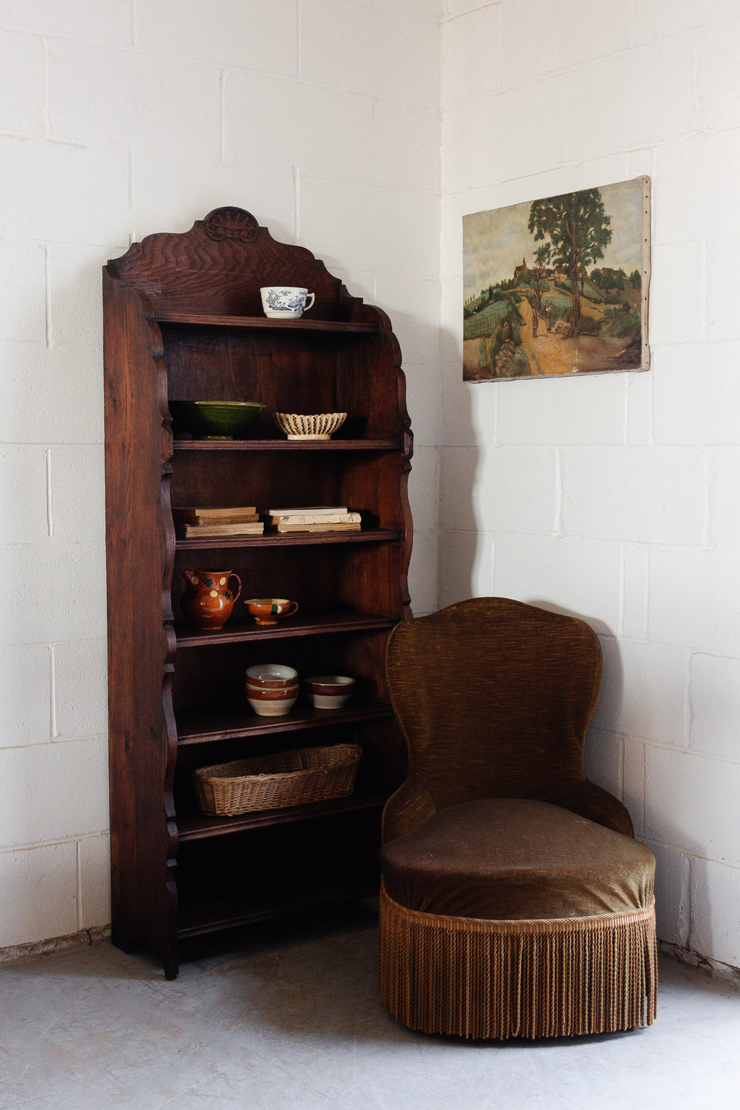 vintage french dark stained wood shelf with scalloped arch
