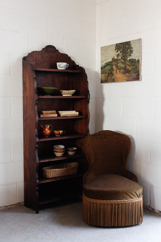 vintage french dark stained wood shelf with scalloped arch