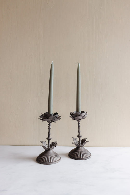 pair of midcentury French tole floral candlesticks