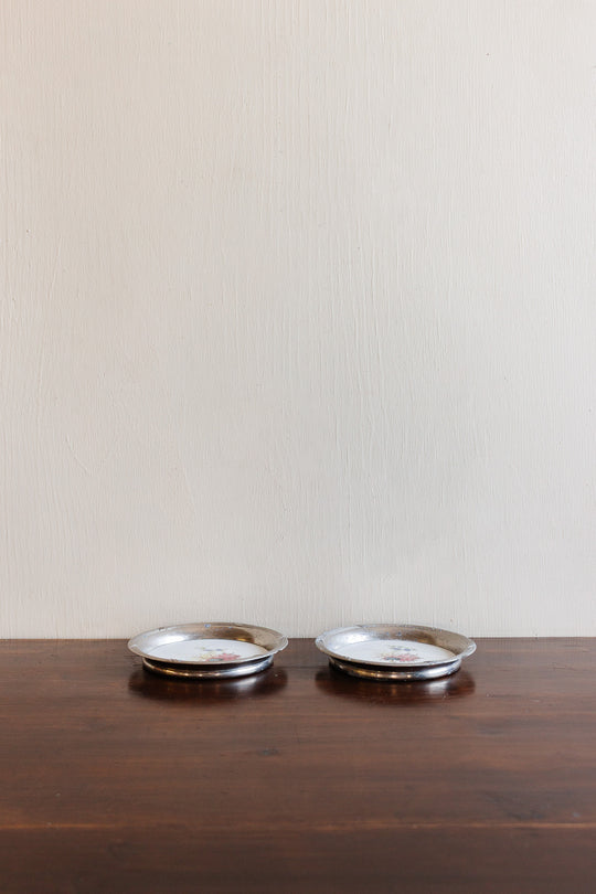 antique french porcelain and metal "sous verre" coaster set of two