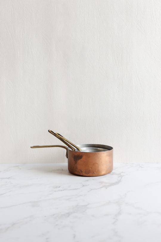 vintage french trio of small copper pots