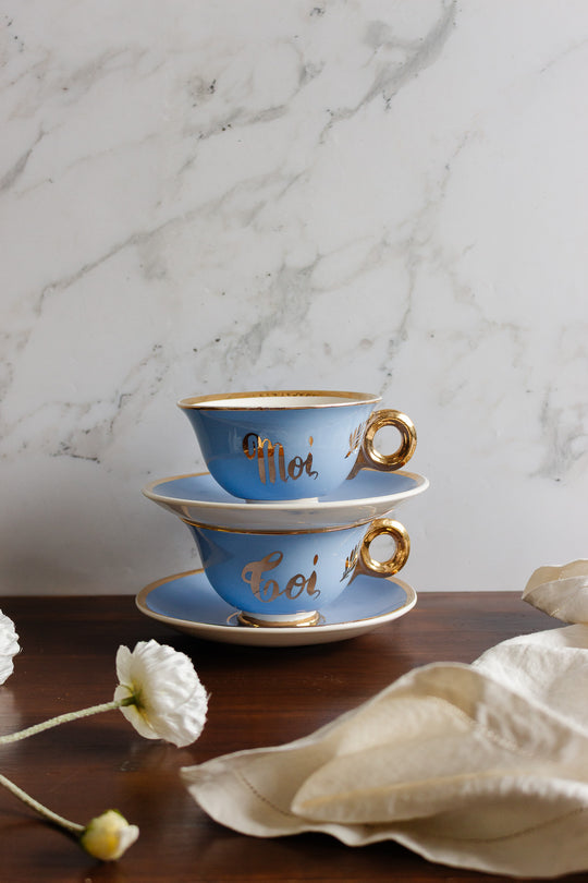 vintage french digoin sarreguemines "moi et toi" teacup and saucer set in robin's egg blue