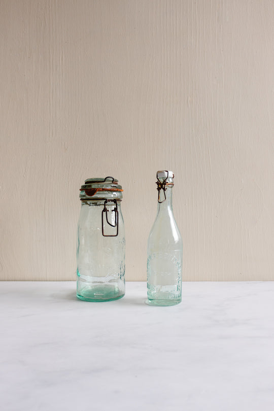 set of classic vintage French green glass vessels