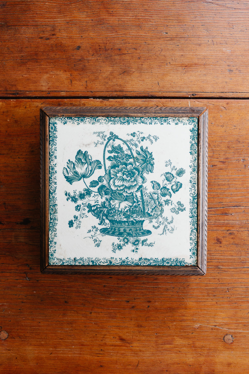 antique french Gien transferware "dessous plat" with carved wood frame