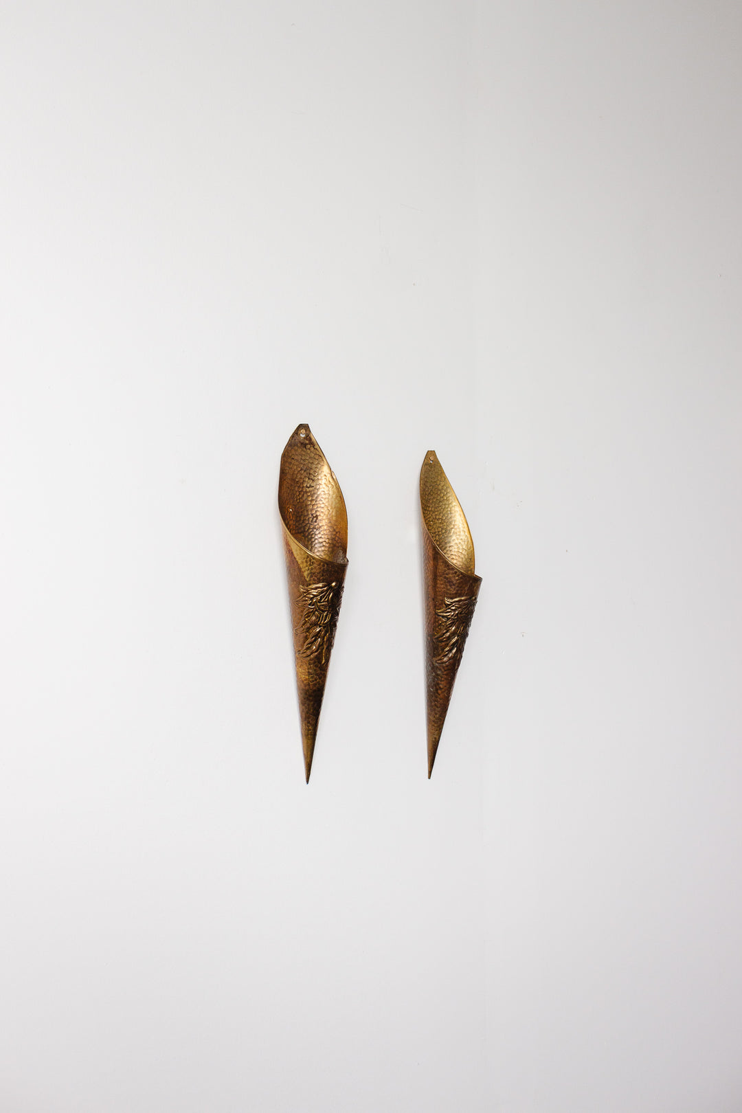 pair of vintage hammered brass wall pockets