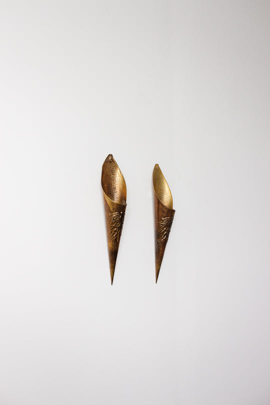 pair of vintage hammered brass wall pockets