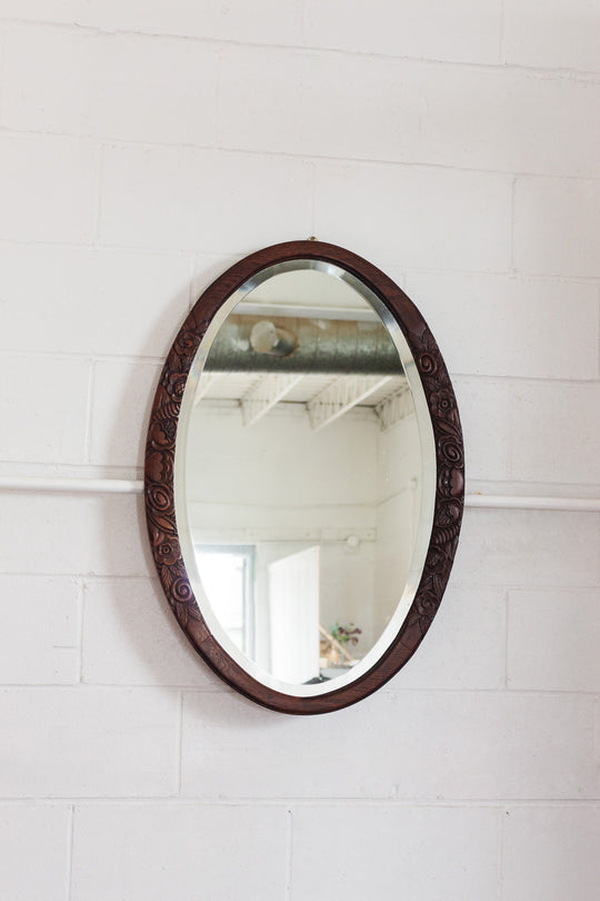 antique french hand carved art deco wood mirror