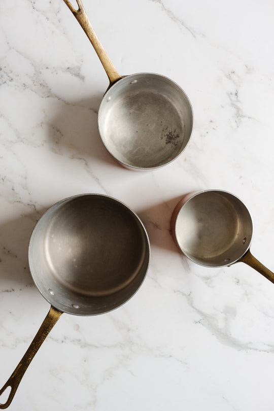 vintage french trio of small copper pots